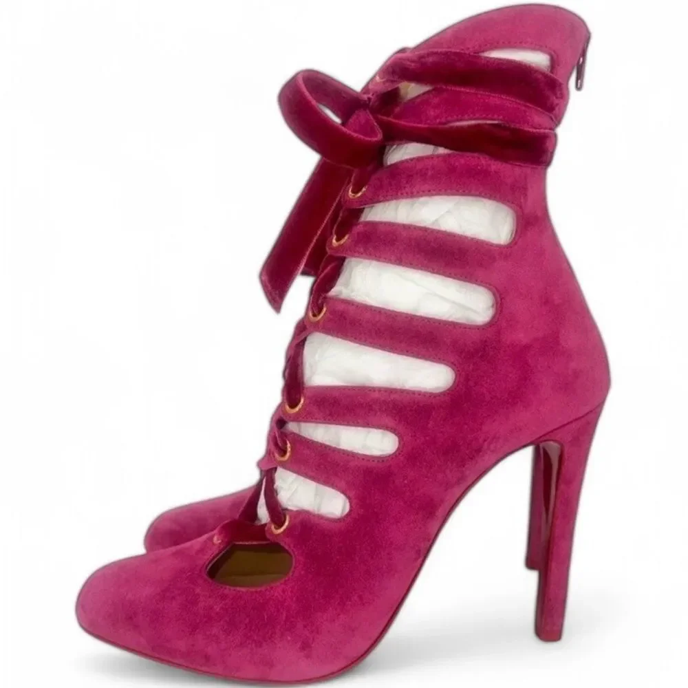 NEW CHRISTIAN LOUBOUTIN Spinetita Loulou Pink Lace-Up Booties Size EU36.5